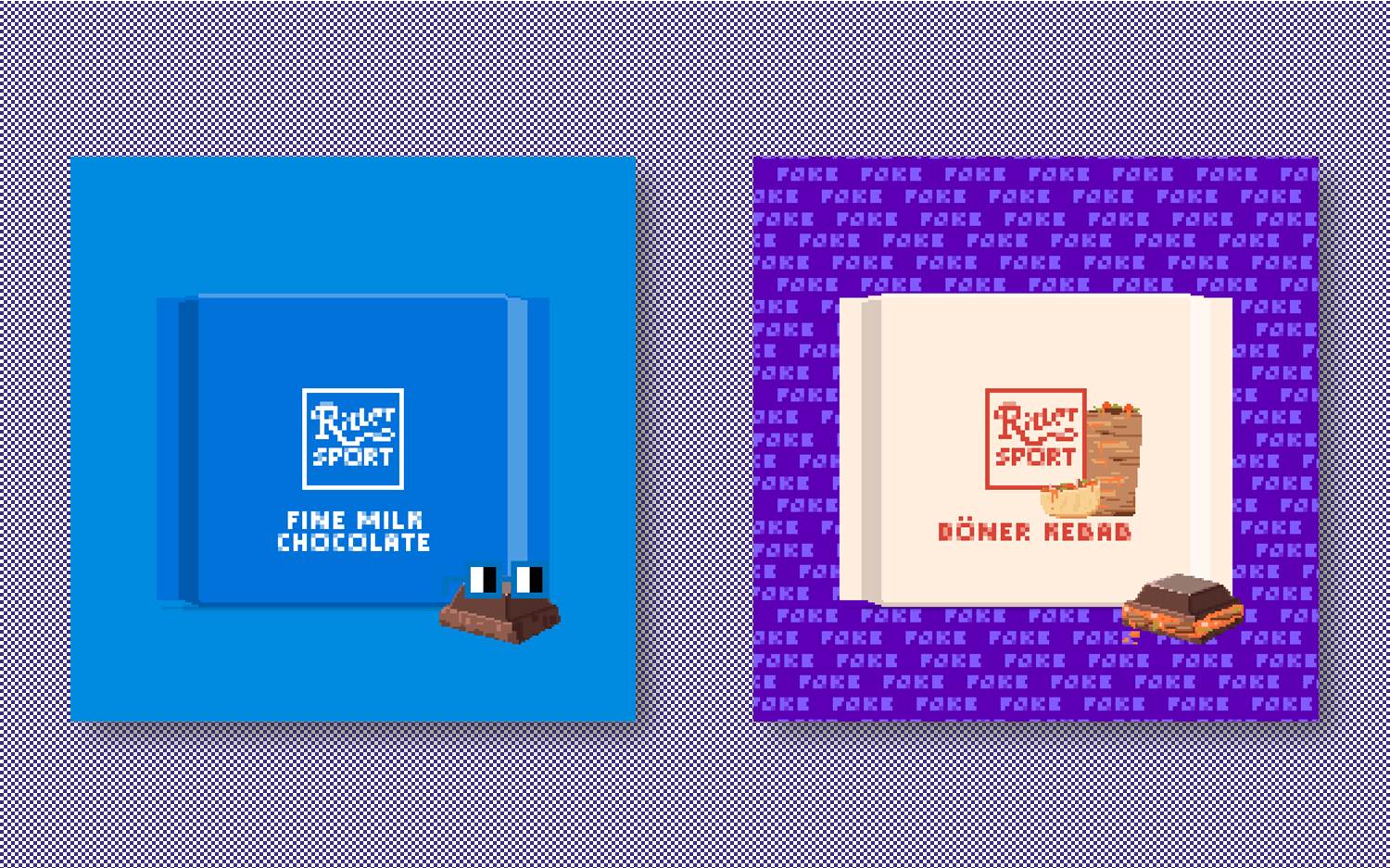 Zwei Kunstwerke der neuen Ritter Sport Digital Collectible Collection im typischen Pixel-Design (Copyrights: Alfred Ritter GmbH & Co.KG); Bild-Collage: marketingScout.com