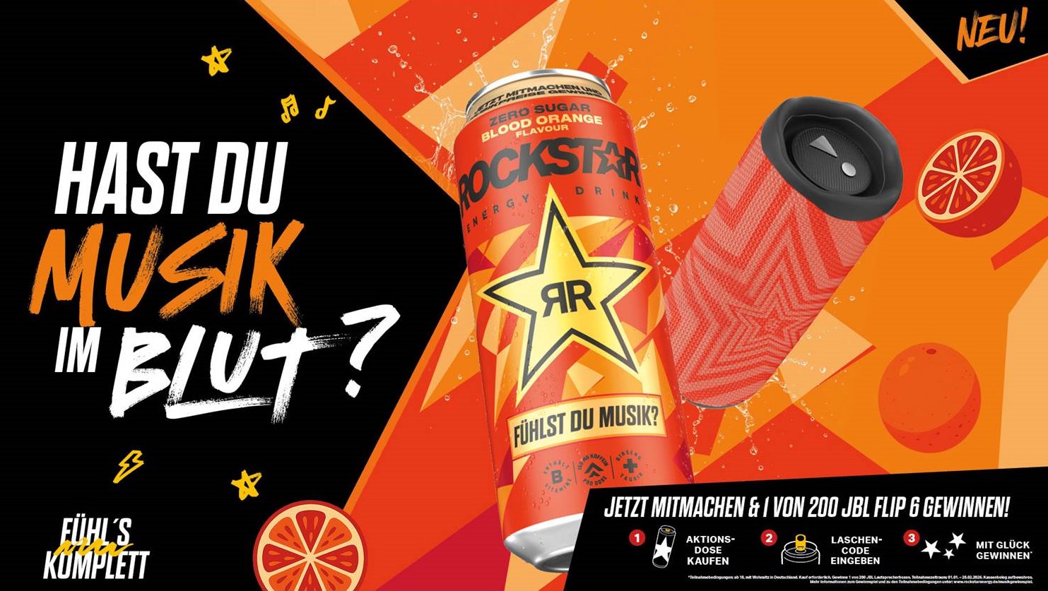 Rockstar Energy Kampagne 2026, Key Visual, Blood Orange Flavour Zero Sugar (Copyright: Rockstar Energy / PepsiCo)