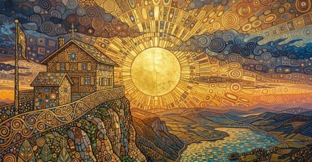 Salzkammergut Kampagne 2026 – Key Visual – Motiv Schafberg mit Blick auf den Mondsee, KI-generiert im Stil des Künstlers Gustav Klimt (Bildrechte: Wolfgangsee Tourismus GmbH – Dieter Meyrl, AI-generiertes Bildmotiv)