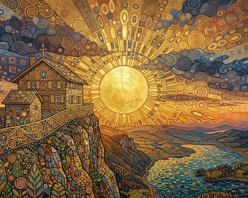 Salzkammergut Kampagne 2026 – Key Visual – Motiv Schafberg mit Blick auf den Mondsee, KI-generiert im Stil des Künstlers Gustav Klimt (Bildrechte: Wolfgangsee Tourismus GmbH – Dieter Meyrl, AI-generiertes Bildmotiv)