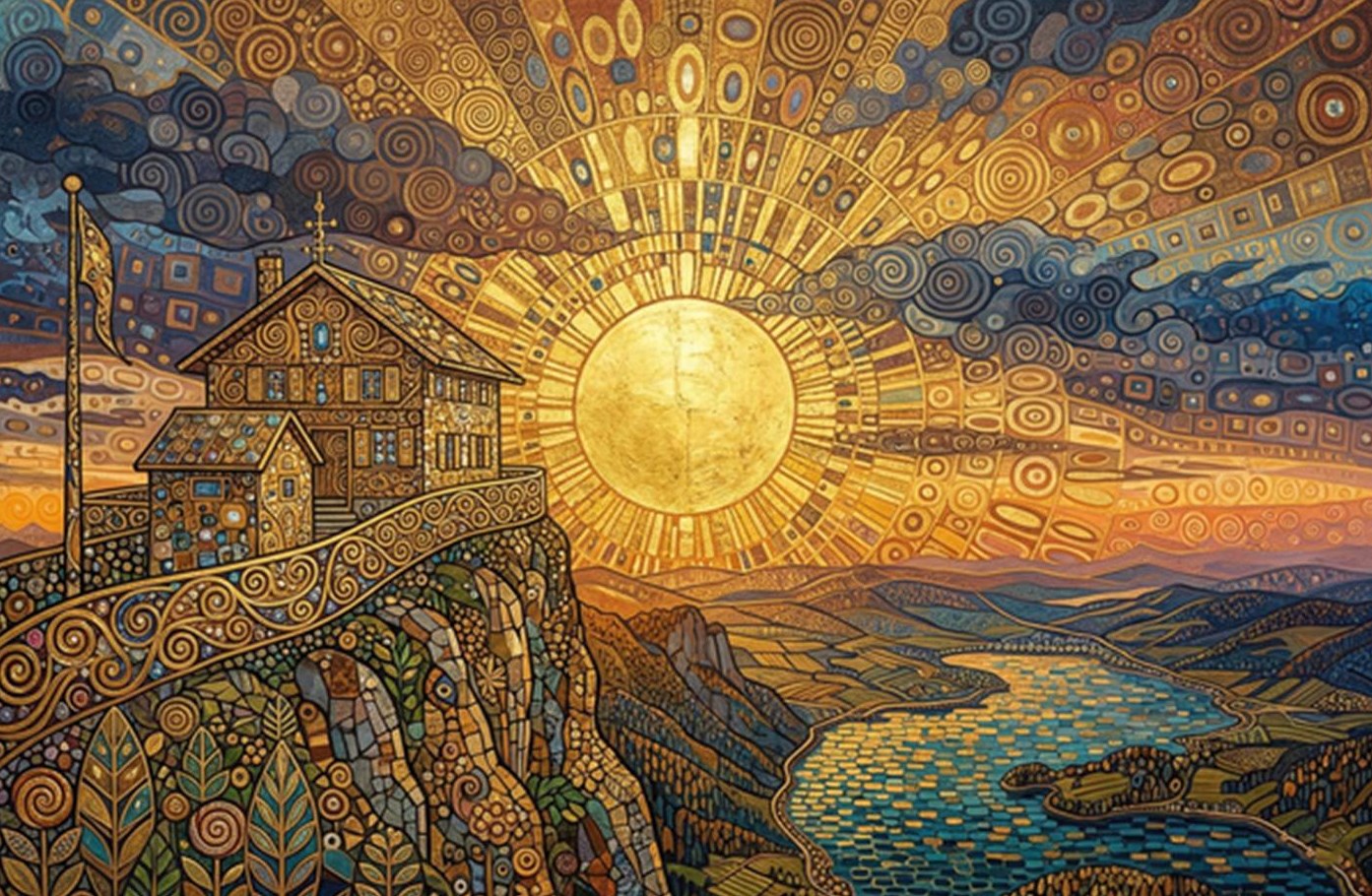 Salzkammergut Kampagne 2026 – Key Visual – Motiv Schafberg mit Blick auf den Mondsee, KI-generiert im Stil des Künstlers Gustav Klimt (Bildrechte: Wolfgangsee Tourismus GmbH – Dieter Meyrl, AI-generiertes Bildmotiv)