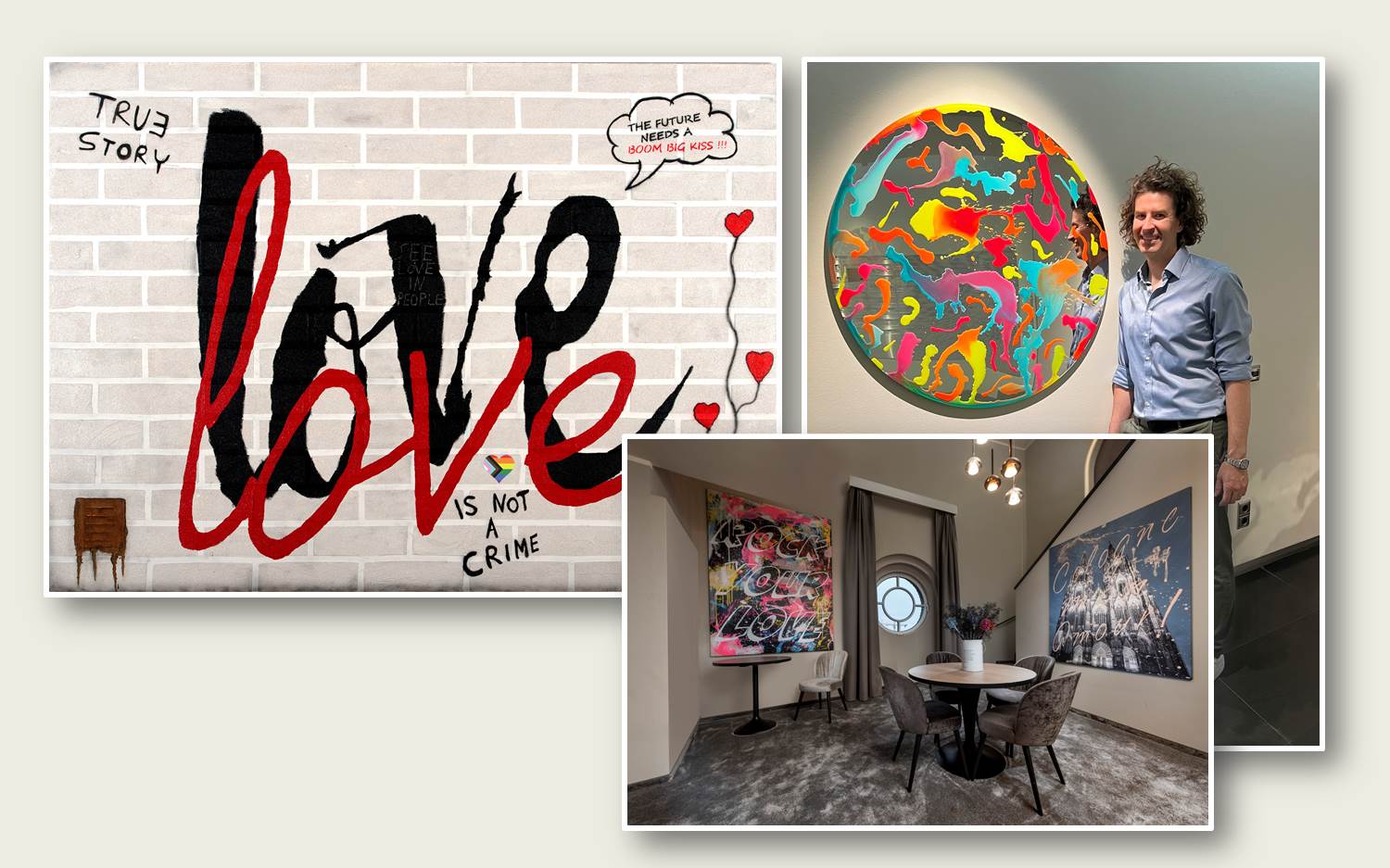Bild links oben: Das Kunstwerk Love von Sascha Dahl; Bild rechts oben: Der Kölner Künstler Sascha Dahl mit einem seiner Kunstwerke; Bild Mitte unten: Die Art Suite im Hotel Wasserturm Köln (Bild-Collage: marketingScout.com Redaktion)