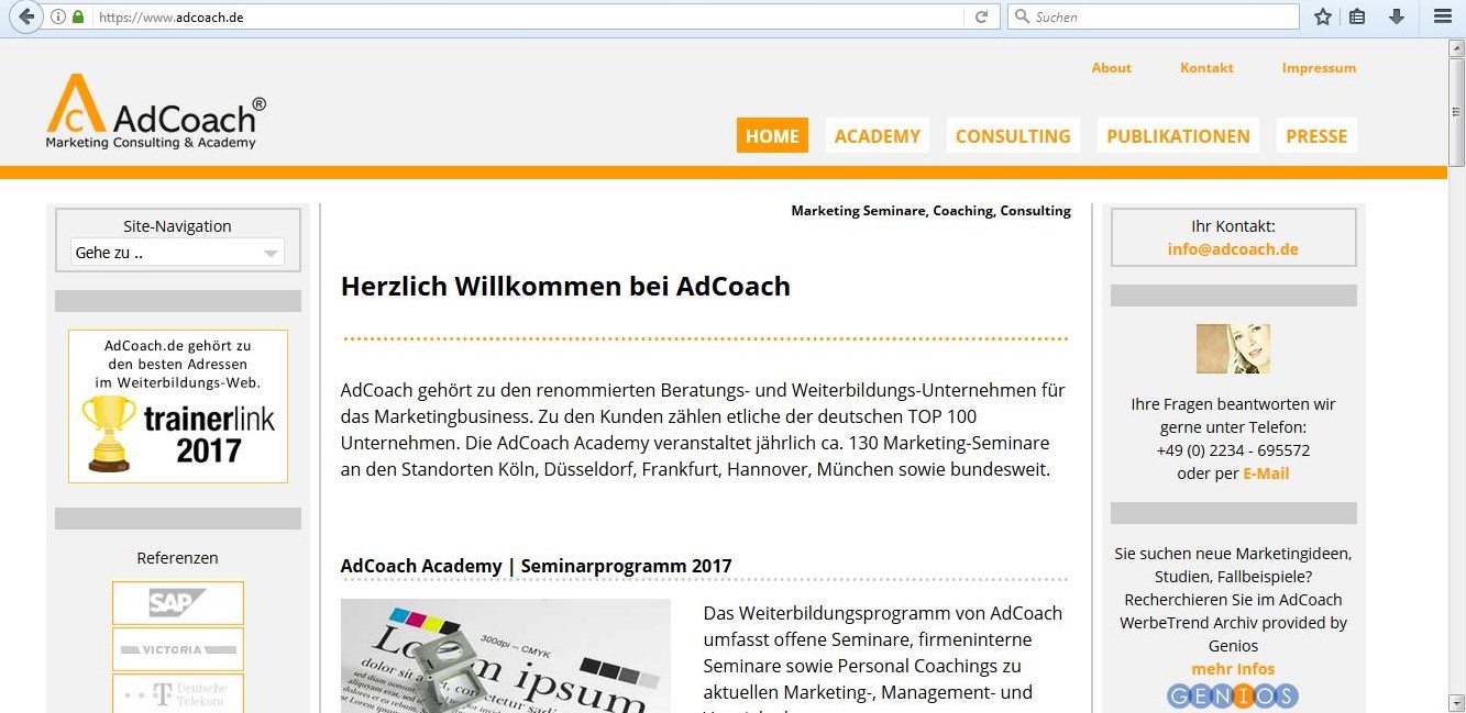 Screenshot: www.adcoach.de / Der Name "AdCoach" wird bereits seit 2001 von dem Kölner Marketingunternehmen AdCoach in Deutschland, u.a. als Firmenkennzeichen und Produktbezeichnung, erfolgreich eingesetzt.