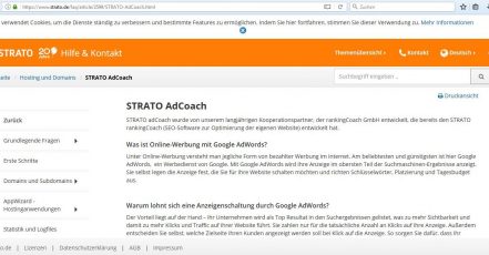 Screenshot v. 13.09.2017: STRATO nutzt die Bezeichnung "STRATO AdCoach" für ein Marketing Service Tool und wird deshalb von AdCoach (www.adcoach.de) abgemahnt.