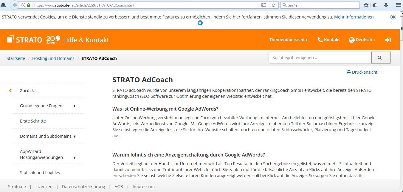 Screenshot v. 13.09.2017: STRATO nutzt die Bezeichnung "STRATO AdCoach" für ein Marketing Service Tool und wird deshalb von AdCoach (www.adcoach.de) abgemahnt.