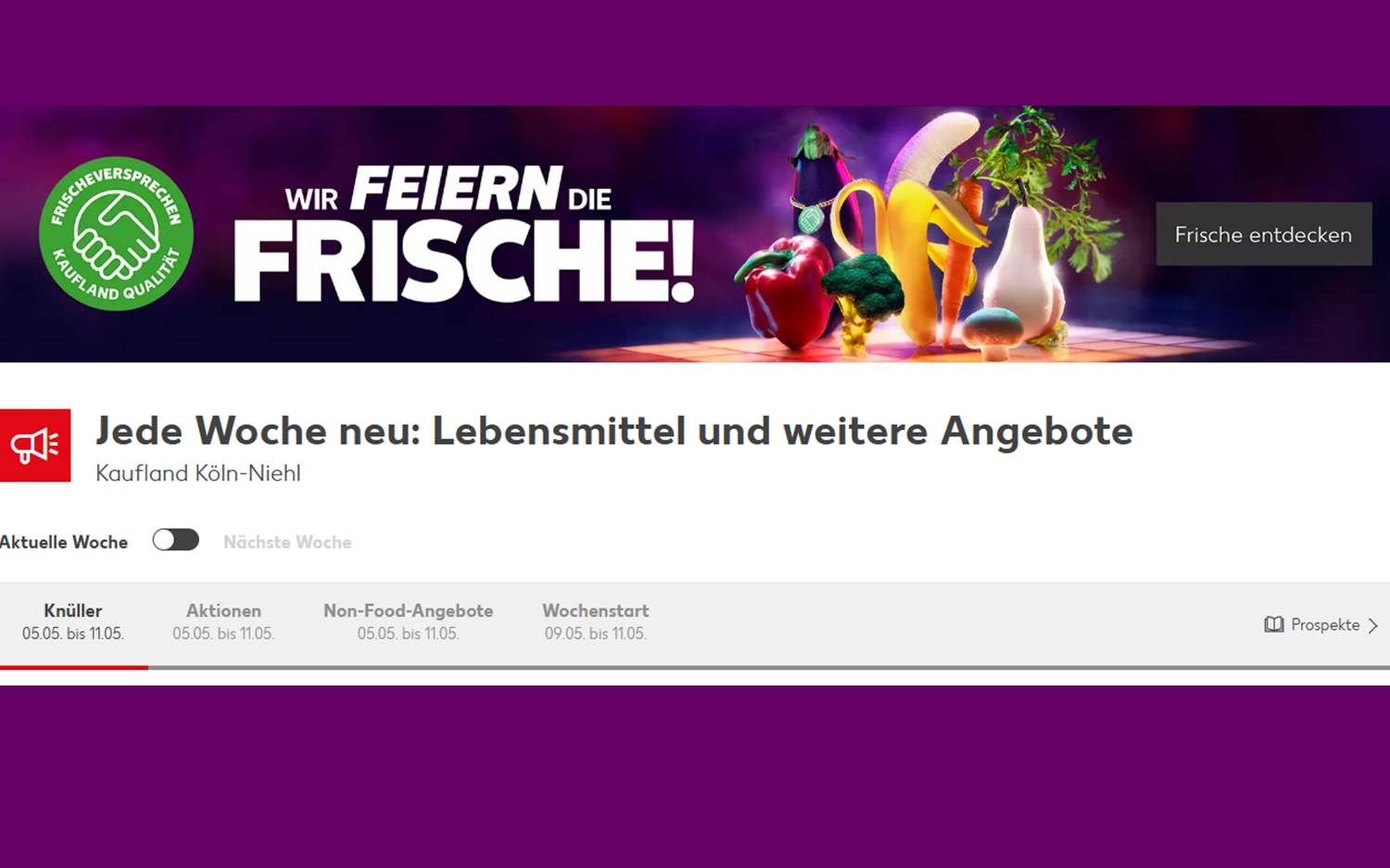 Bild: Frische Begrüßung - Wer die Kaufland Website besucht, findet hier nicht nur aktuelle Angebote, sondern auch eine Videobotschaft der frisch-frechen Früchte, die sich für die Frischevielfalt von Kaufland ins Zeug legen. (Screenshot https://filiale.kaufland.de/ 05.05.2022)