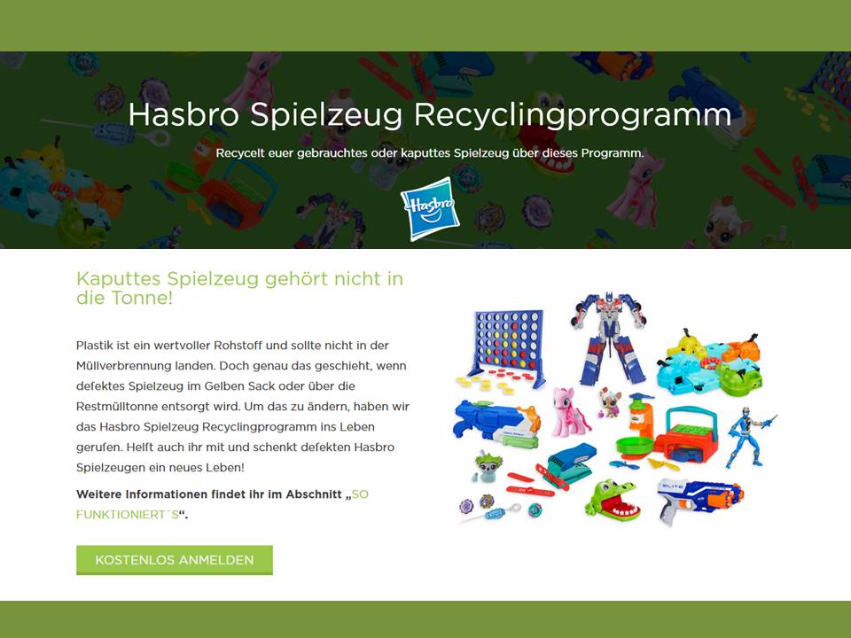 Bild: Screenshot (Collage) der Website des Hasbro Spielzeug-Recycling-Programms (AT) auf terracycle.com
