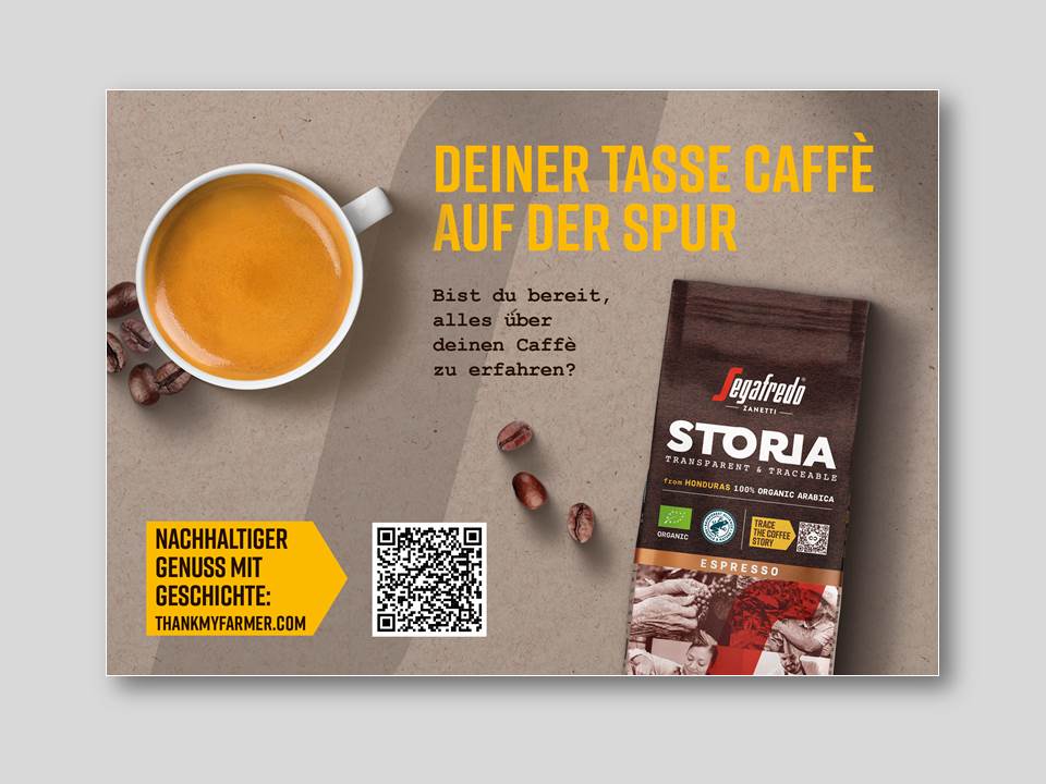 Bild: Segafredo Storia Kampagne | Tisch- und Thekenaufsteller für die Gastronomie laden Kaffeekunden dazu ein, per Scan eines QR-Codes mehr über die Entstehung des nachhaltig produzierten Produkts zu erfahren. (Copyrights / Quelle: PRINZIP E GmbH)
