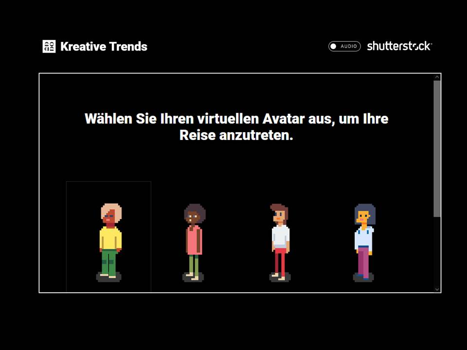 Bild: Screenshot von der Shutterstock Creative Trends 2022 Website (https://content.shutterstock.com/creative-trends/). Hier kann man mit einem selbst gewählten Avatar durchs Metaversum der Kreativ-Trends reisen.