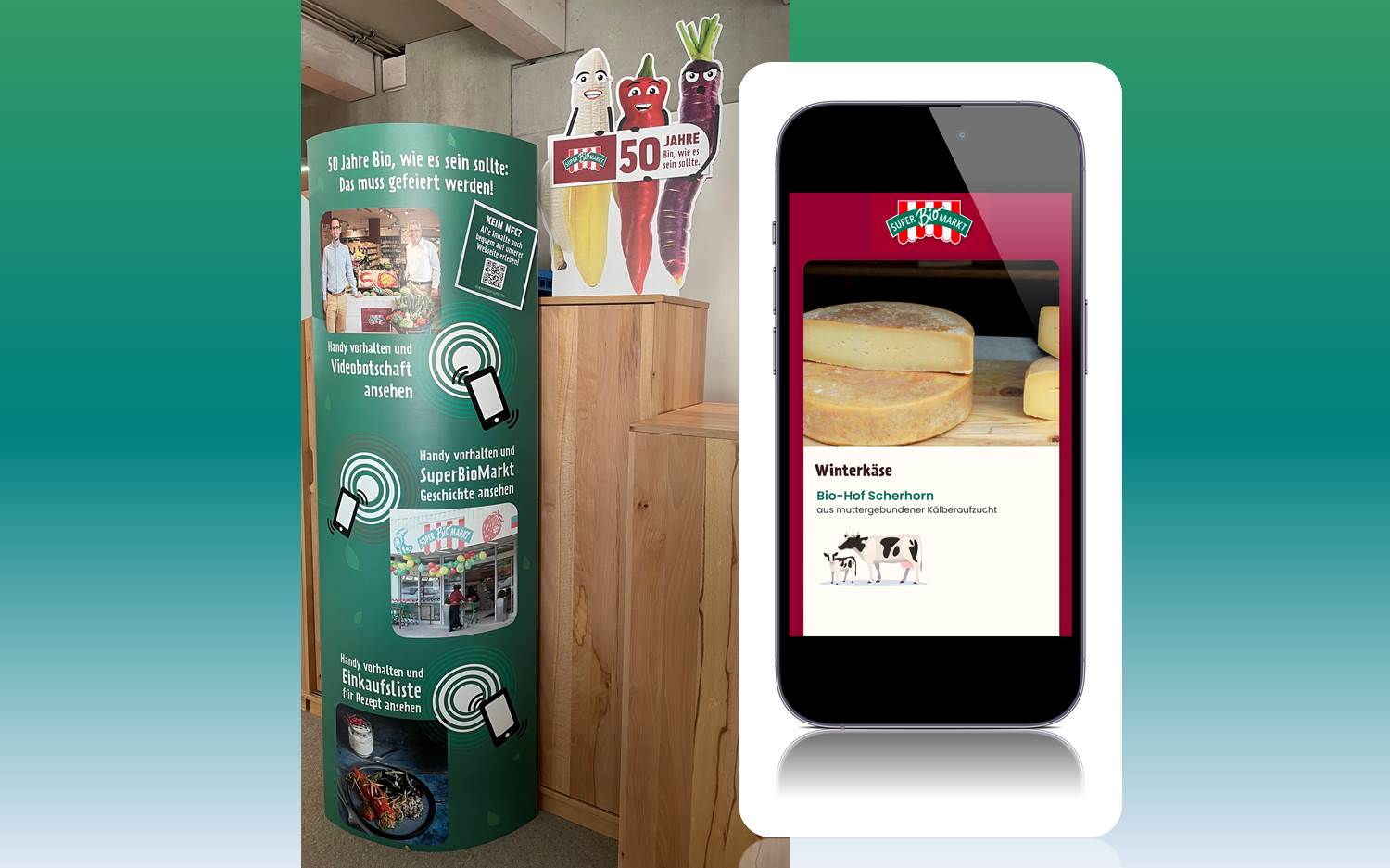 Relevante Informationen, u.a. über die Herkunft eines Produktes, kommen dank Digitalem Produktpass und NFC-Technologie auf das Handy der SuperBioMarkt Kund:innen (Bildrechte SuperBioMarkt AG / Narravero)