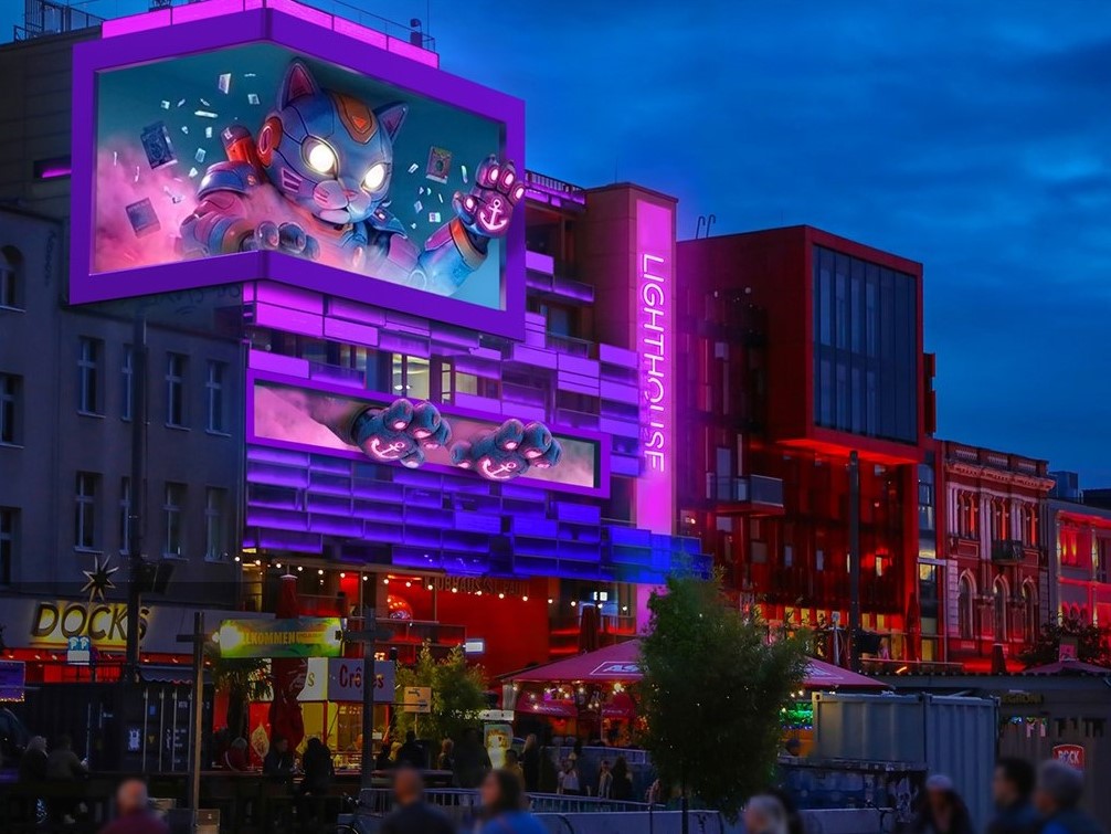 Visualisierung des neuen Immersive-DOOH-Screens von Ströer und blowUP media. The Lighthouse, St. Pauli / Hamburg. (Copyright: Ströer / blowUP media)