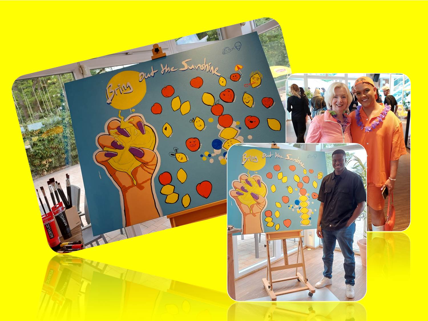 Szenen von der Twenty4tim x Lipton Sommer-Party in Köln, 23.05.2023 | Das kollektive Kunstwerk (gr. Bild) |  MM (Redaktion marketingScout) und Twenty4tim (kl. Bild Mitte) | Alieu Sawaneh (kl. Bild unten) | Bildrechte: Redaktion marketingScout.com