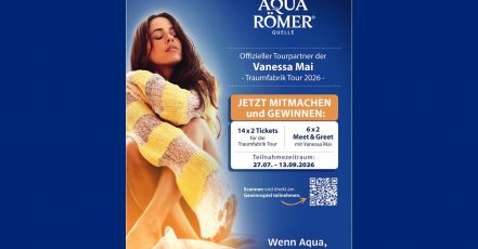 Vanessa Mai x Aqua Römer Quelle – Zusammenarbeit im Rahmen der Traumfabrik Tour 2026 (Quelle / Copyright: aquaRömer GmbH & Co. KG)