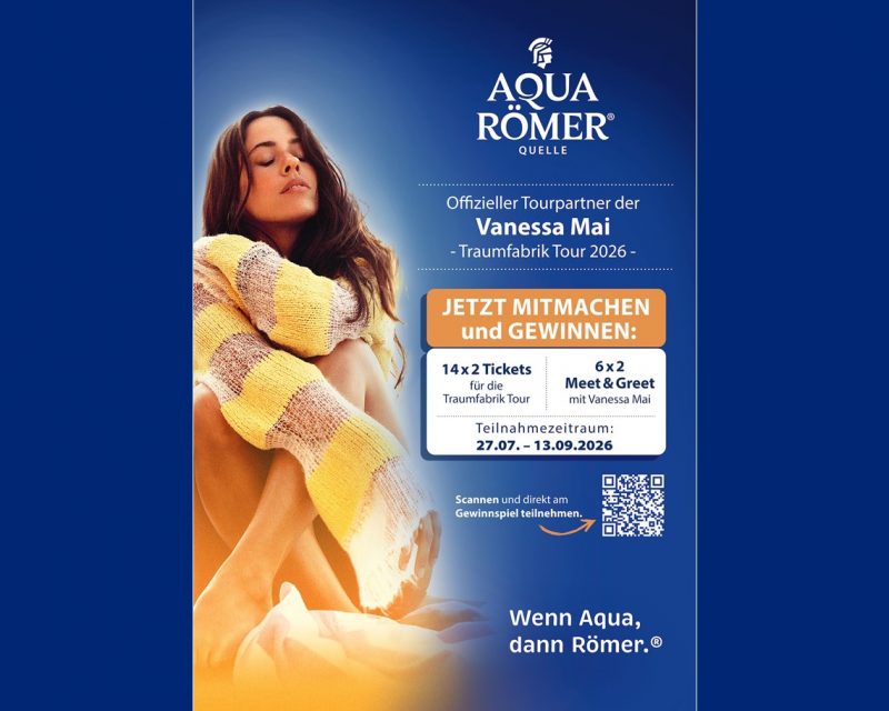 Vanessa Mai x Aqua Römer Quelle – Zusammenarbeit im Rahmen der Traumfabrik Tour 2026 (Quelle / Copyright: aquaRömer GmbH & Co. KG)