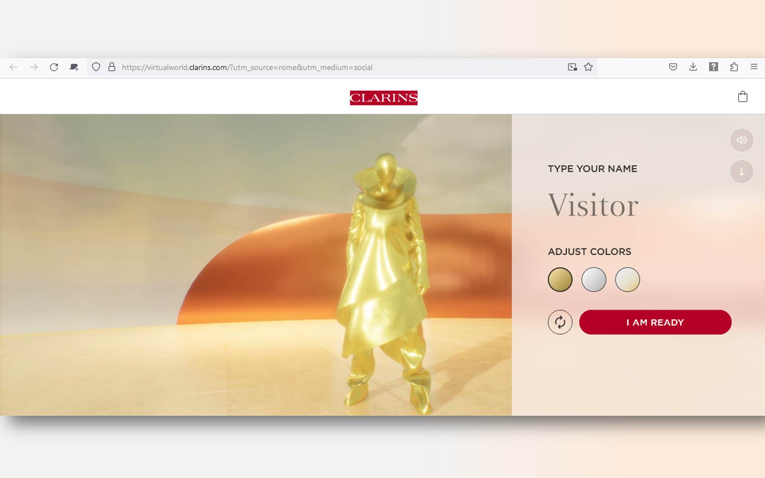 Screenshot der neuen Clarins Virtual World (Screenshot v. 31.10.2024, Link: https://virtualworld.clarins.com)
