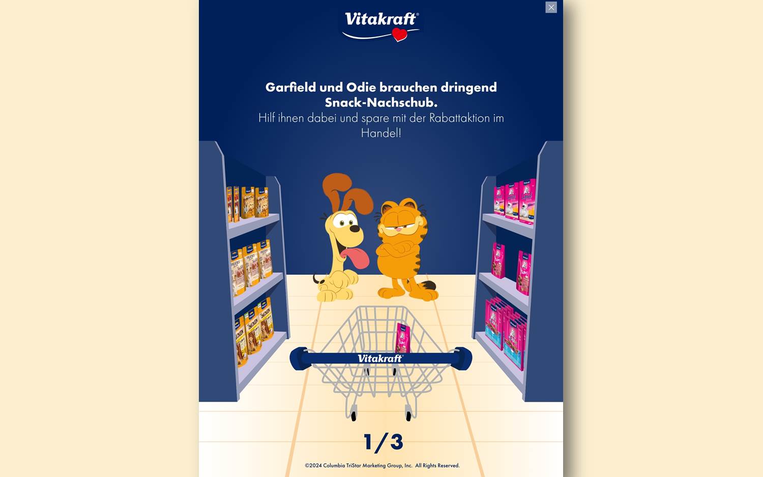 Pünktlich zum Kinostart von Garfield wurde die von Lingner Marketing entwickelte Gamification Ad für Vitakraft gelauncht (Bildquelle: Lingner Marketing)