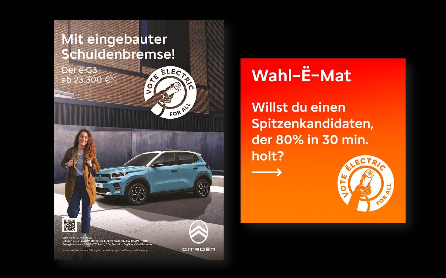 Zwei Motive der Citroën Vote Ëlectric Kampagne, Februar 2025 (Bildquelle / Copyrights: Citroën Deutschland, Havas Germany)