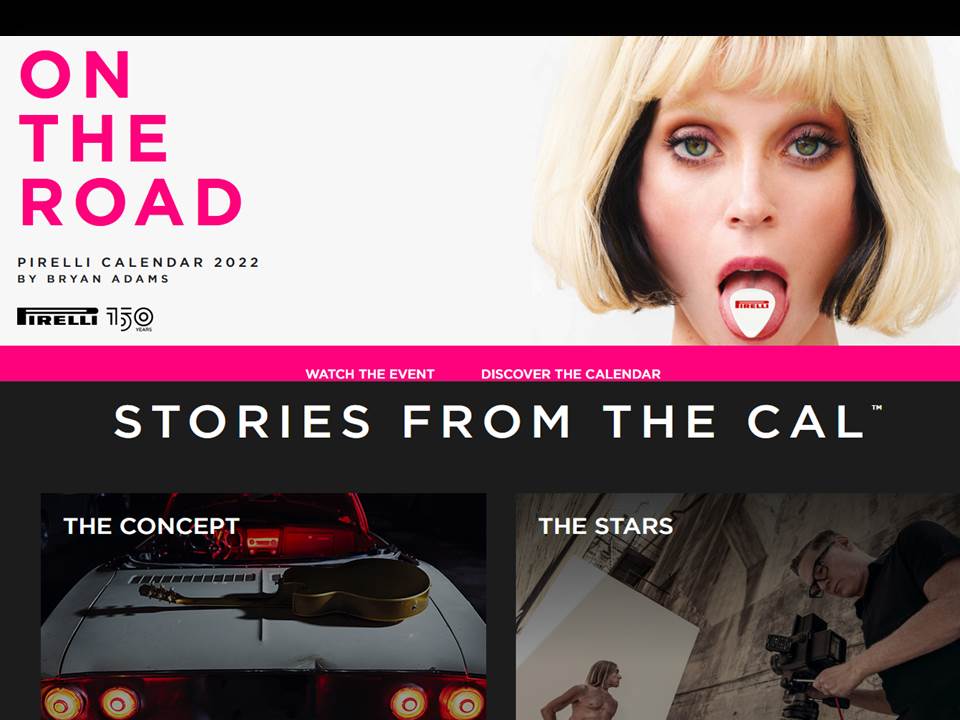 Bild (Screenshot Collage): Website zum Pirelli Kalender TheCal 2022, im Bild die Musik-Künstlerin St. Vincent, fotografiert von Musikstar und Fotograf Bryan Adams