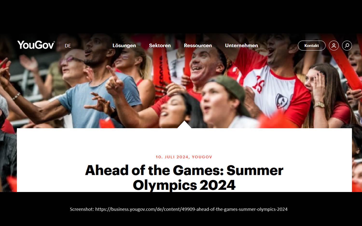 Screenshot v. 11.07.2024 der YouGov Website mit dem Ahead of the Games - Summer Olympics 2024 Report (Quelle / Link s. Bildmotiv).