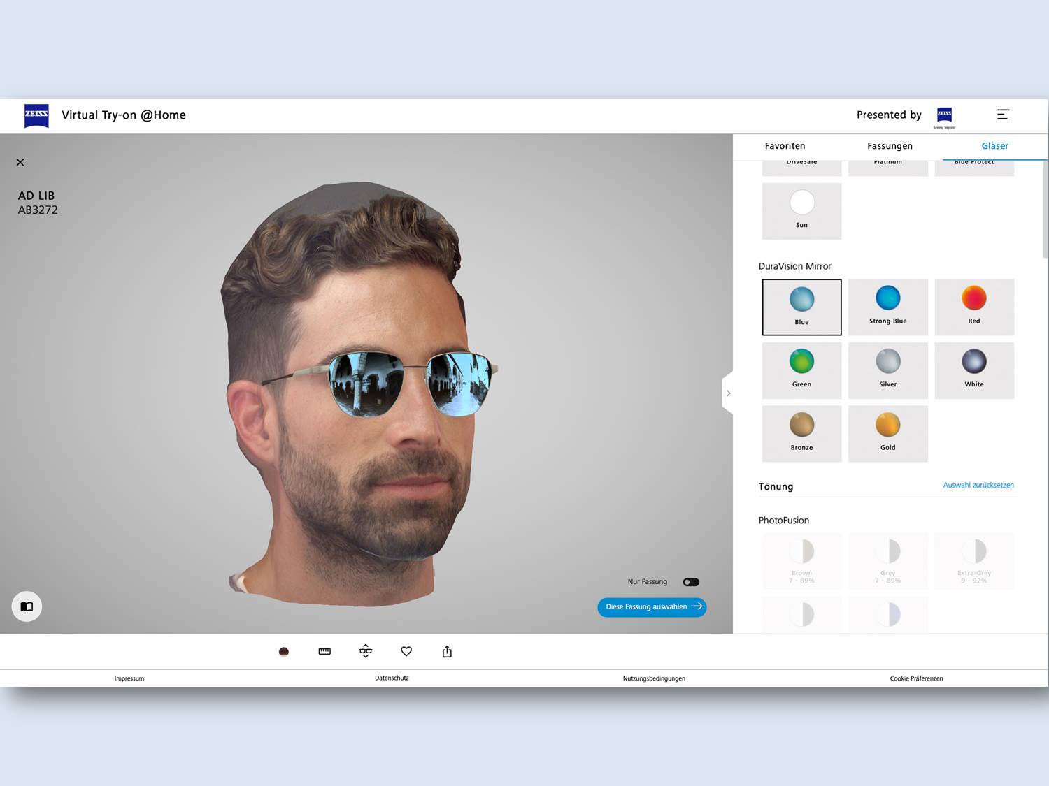 Screenshot ZEISS Virtual Try-on / Avatar mit Brille. Mit dem Tool können zum Beispiel verschiedene Sonnenbrillengläser und Verspiegelungen in der ausgewählten Fassung simuliert werden.