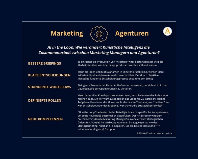 Wie KI die Zusammenarbeit zwischen Unternehmen (Marketing) und Agenturen verändert - Fünf wichtige Herausforderungen (Quelle / Copyright: AdCoach | adcoach.de)