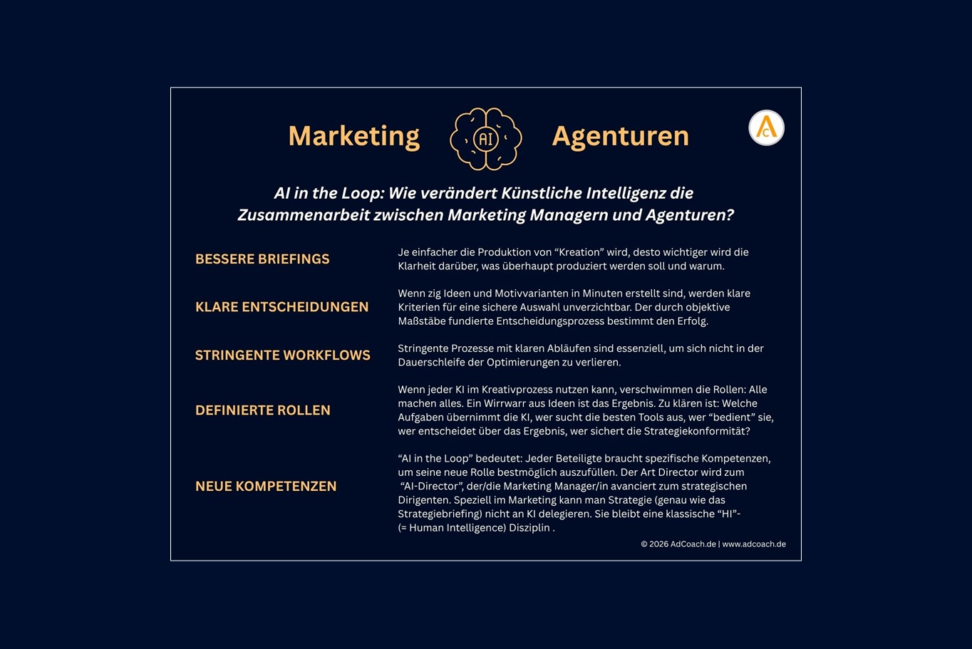 Wie KI die Zusammenarbeit zwischen Unternehmen (Marketing) und Agenturen verändert - Fünf wichtige Herausforderungen (Quelle / Copyright: AdCoach | adcoach.de)