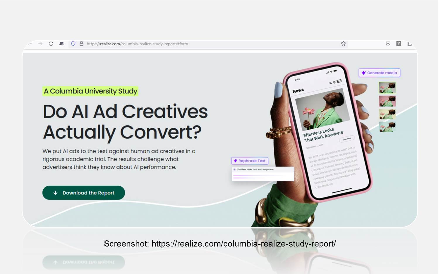 Screenshot Landingpage (v. 29.01.2026) zur Columbia University Study – Do AI Ad Creatives Actually Convert (Link s.o.)