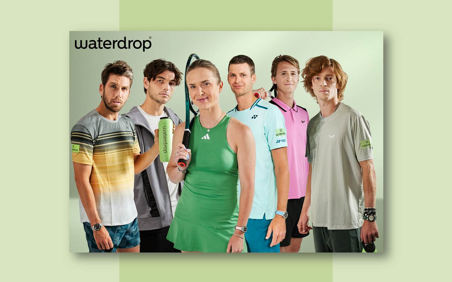 Das Microdrink Unternehmen waterdrop gewinnt sechs Top Tennis-Profis als Markenbotschafter und Kapitalgeber; im Bild (v.l.n.r.) Cameron Norrie, Taylor Fritz, Elina Svitolina, Hubert Hurkacz, Sebastian Korda, Andrey Rublev. Bildrechte: waterdrop®